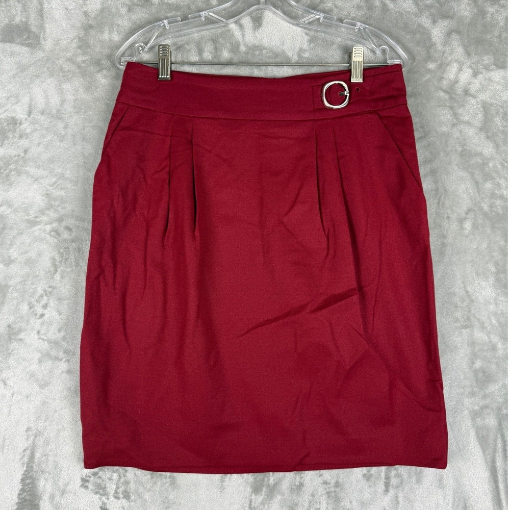 Hugo Boss Womens Burgundy Red Pencil Skirt Pleated Waist Ring Buckle Detail Sz M